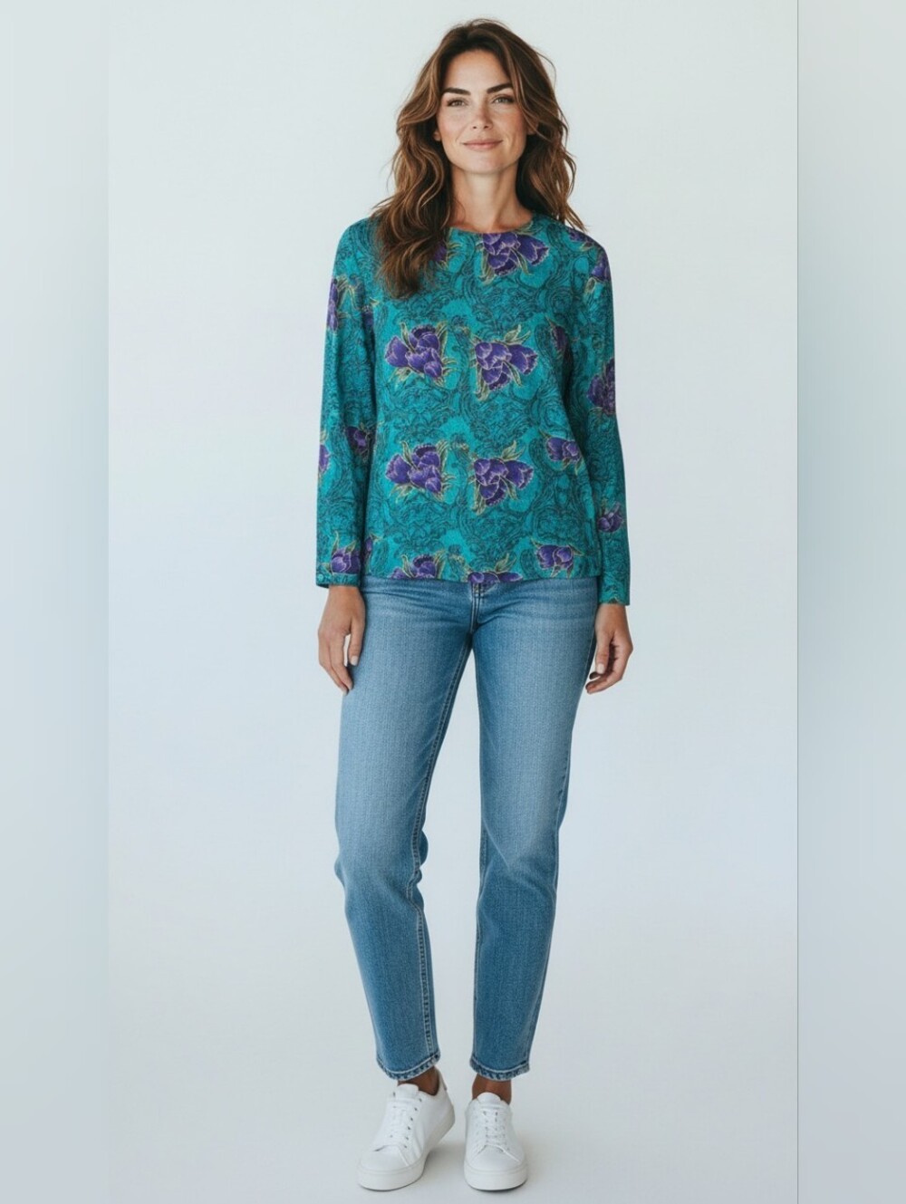 Vintage Teal Floral Long-Sleeve Women's Top